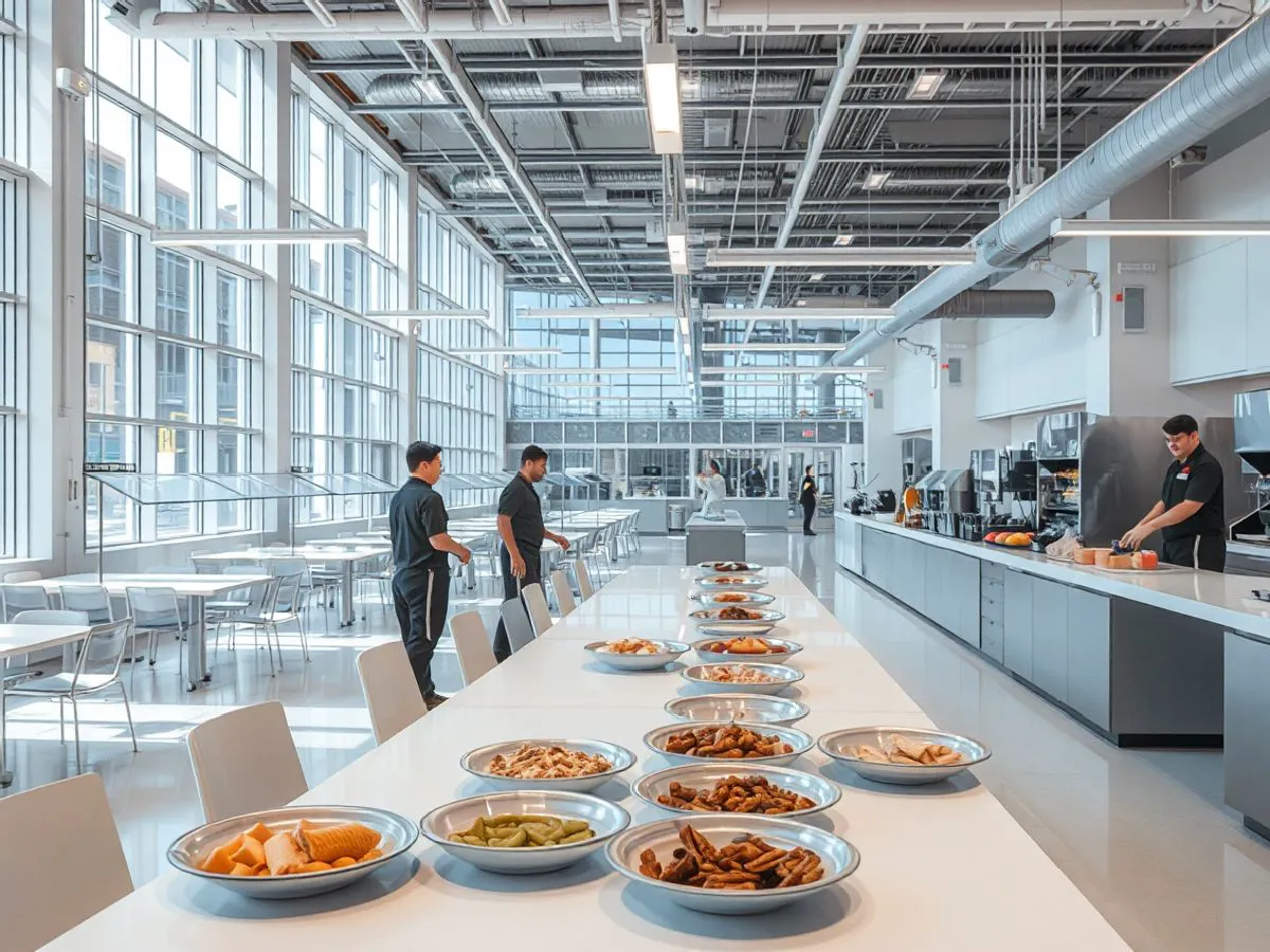 百世佳联园区食堂内部环境,整洁明亮,提供自助餐服务